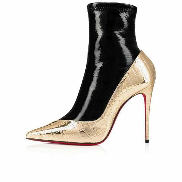 Christian Louboutin Bibooty 100 Black Platine Gold Patent Ankle Heel Boot 37 - Picture 3 of 12